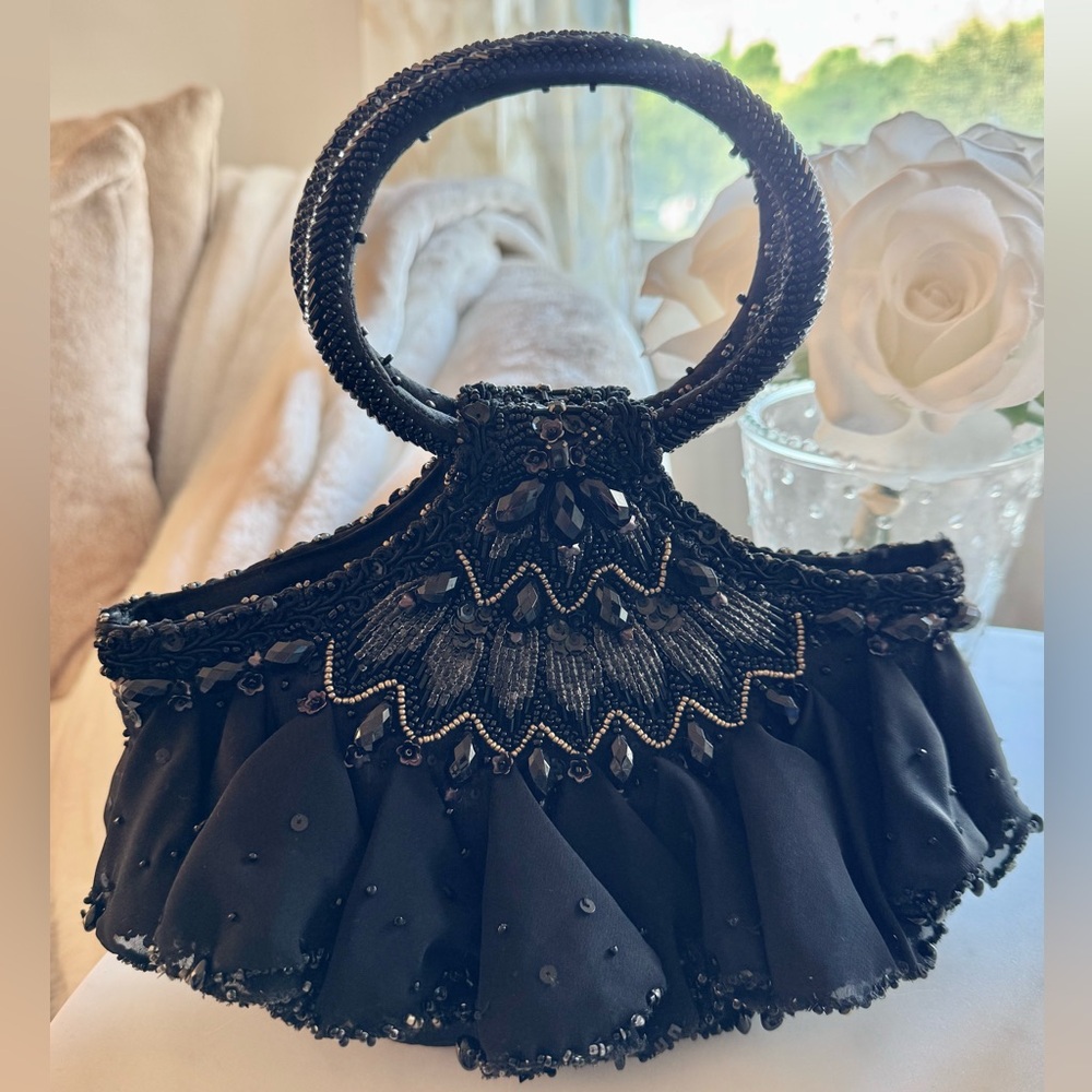 Mary Frances Black Beaded Ring Handle Bag